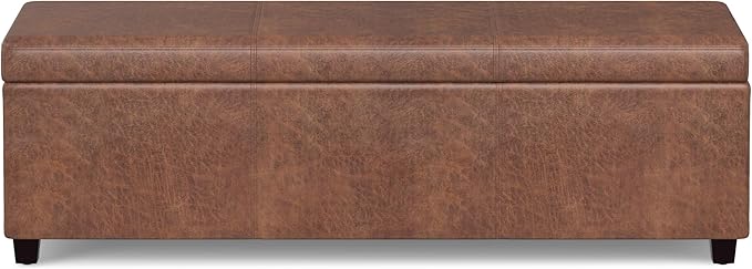 SIMPLIHOME Avalon Extra Large Storage Ottoman Bench - 54 inch Wide Upholstered Vegan Leather Rectangular Lift-Top Ottoman in Distressed Saddle Brown, Contemporary Bench for Living Room with Storage
