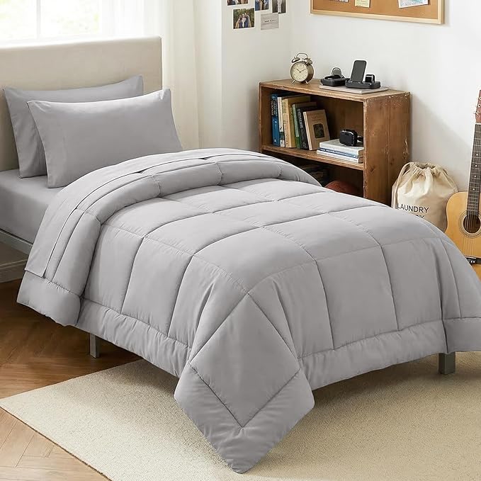 CozyLux Twin XL Comforter Set French Grey, 5 Pieces Twin Extra Long Bed in a Bag for College Dorm, All Season Bedding Set with Stitch Quilted Comforter, Flat Sheet, Fitted Sheet, Pillowcases