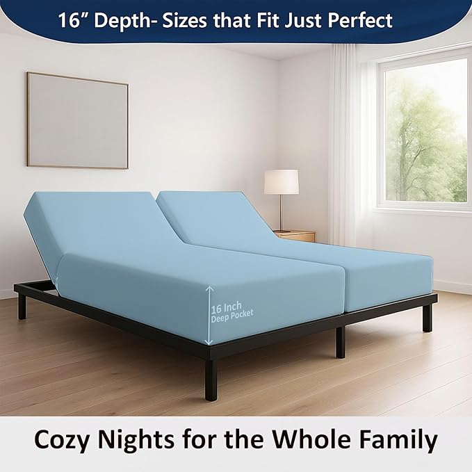 Split Cal King Sheets- Split California King Sheets Sets for Adjustable Bed- 5 Pcs Set- Split Cal King Sheets for Sleep Number Bed- 16 Inch Deep Pocket Adjustable Bed Sheets (Light Blue Solid)