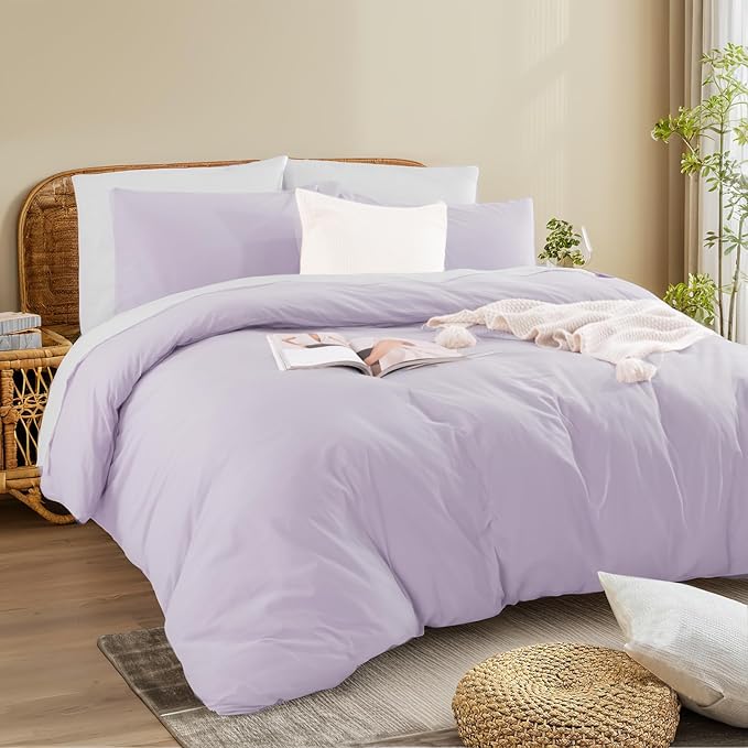 NEXHOME PRO King Duvet Cover Set, 100% Washed Cotton with Linen-Like Texture, Natural Organic, Breathable & Comfortable, Includes Home Bedding Set Lilac (No Comforter) 10490