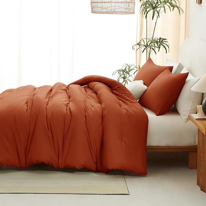 CozyLux Oversized King Comforter Set Terracotta, 3 Pieces 120x98 Solid Breathable Quilted Bedding Sets, Burnt Orange Luxury Soft Lightweight Bed Set with Down Alternative Comforter and 2 Pillowcases