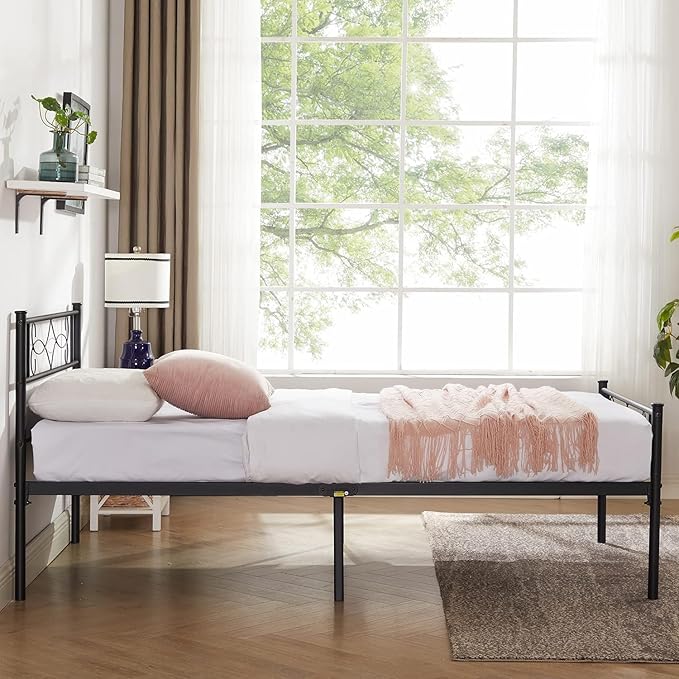 VECELO 2 Set 14" Twin Size Metal Platform Bed Frame with Headboard,Premium Steel Slat Support No Box Spring Needed,Noise-Free Anti-Slip,Easy Assembly