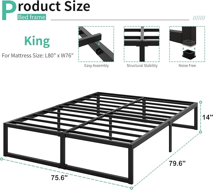 Lutown-Teen 14 Inch King Bed Frame Sturdy Mattress Foundation, Heavy Duty Metal Platform with Steel Slats Support No Box Spring Needed, Noise Free, Easy Assembly, Black