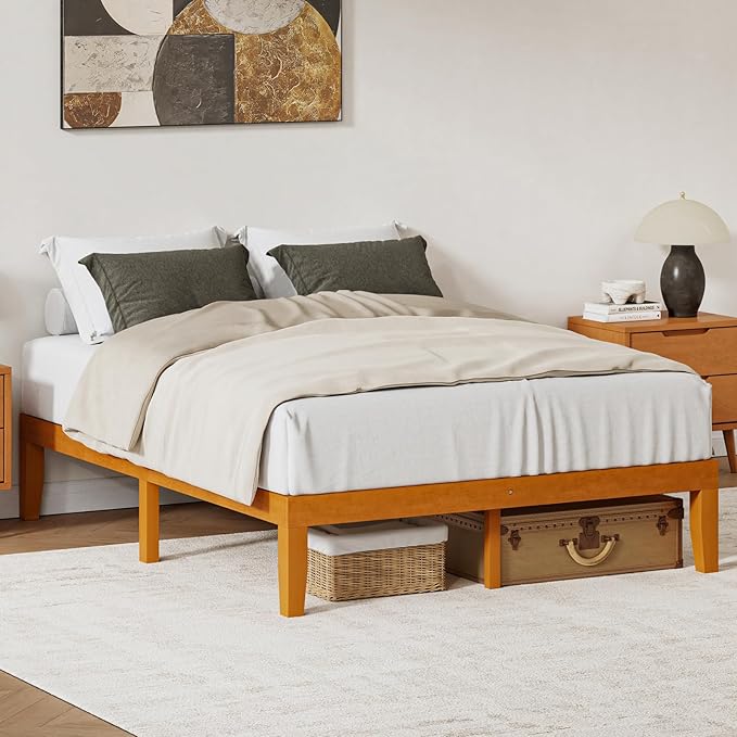 DUMOS 14 Inches Queen Size Wood Platform Bed Frame, Solid Wooden Mattress Foundation with Heavy Duty Wood Slat Support, Sturdy, No Box Spring Needed, Natural Pine