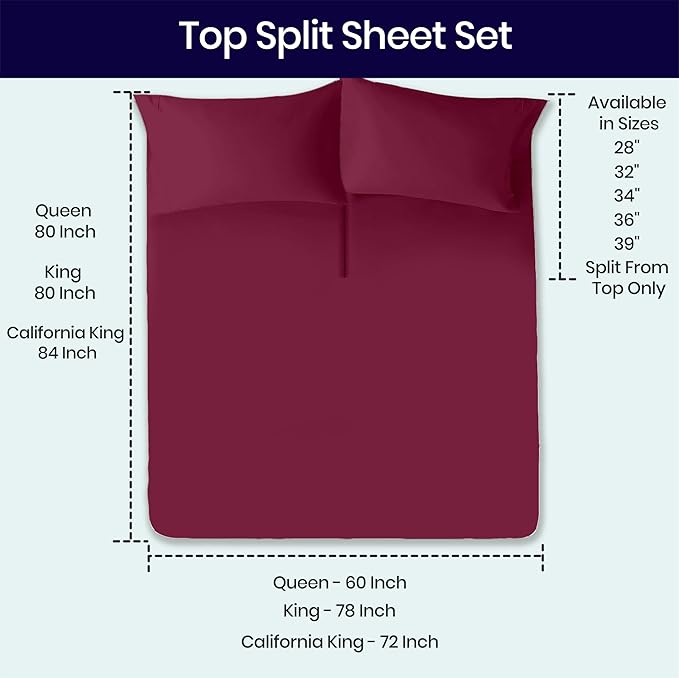 SGI bedding 36" King Split Top Flex Head Sheet 100% Egyptian Cotton 1000 TC Flex Top Sheets for Adjustable Bed 4Pc Set 15" Deep Pocket for Sleep Number Bed - Deep Red