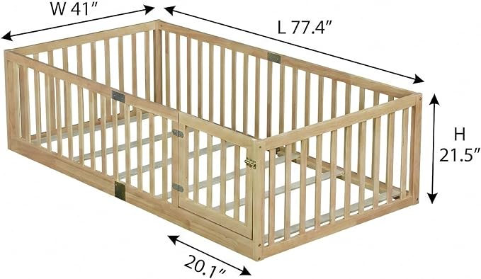 Bellemave Twin Size Montessori Floor Bed with 21.5" High Rails, Rubber Wood Twin Floor Bed with Slats and Door, Natural