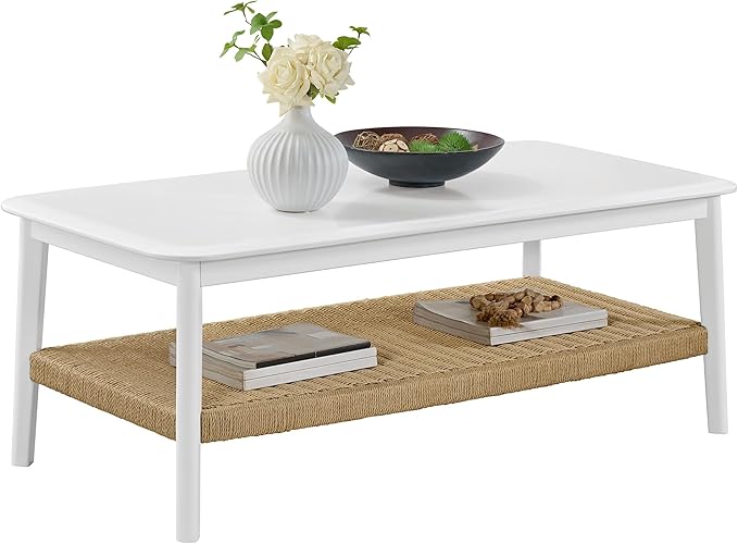 Alaterre Furniture Calais 48 Inch Rectangular Wood Coffee Table with Woven Storage Shelf – Mid Century Modern 2-Tier Living Room Table (White)