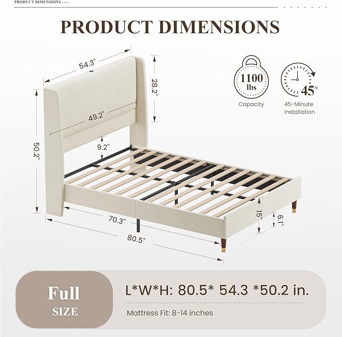 MALOL Full Size Bed Frame with Upholstered Headboard, Linen Fabric Platform Bed Frame with USB Charging Ports, No Box Spring Needed, Sturdy Metal Support, Noise Free, Modern Bedroom Furniture,White