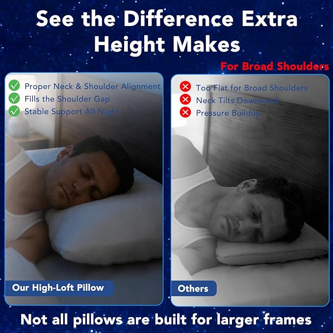 5.5'' High Loft Memory Foam Pillow for Side Sleepers, Extra Thick Firm Pillow for Broad Shoulders & Large Frames, Designed to Stay Elevated, High Profile Pillow with Washable Cover