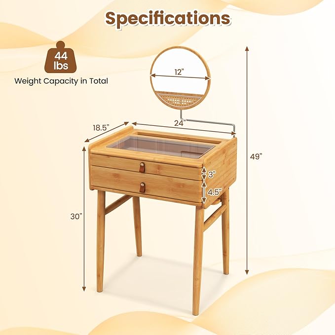 CHARMAID Bamboo Vanity Desk with 360° Rotating Mirror, Glass Top & 2 Drawers, Natural Makeup Vanity Table with Deep Storage Alcove, Small Space Dressing Table for Bedroom