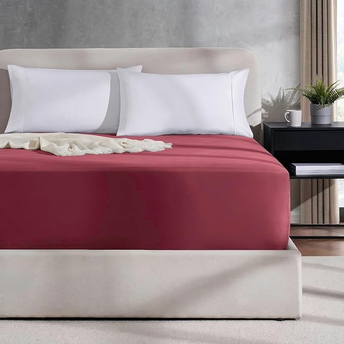 Nestl 4 Pack Burgundy Red Fitted Sheet Extra Deep Pocket, Hotel Luxury KingFitted Sheet Only Easily Fits 18 to 24 Inch Mattress, Super Soft, Wrinkle-Free and Breathable with Corner Straps