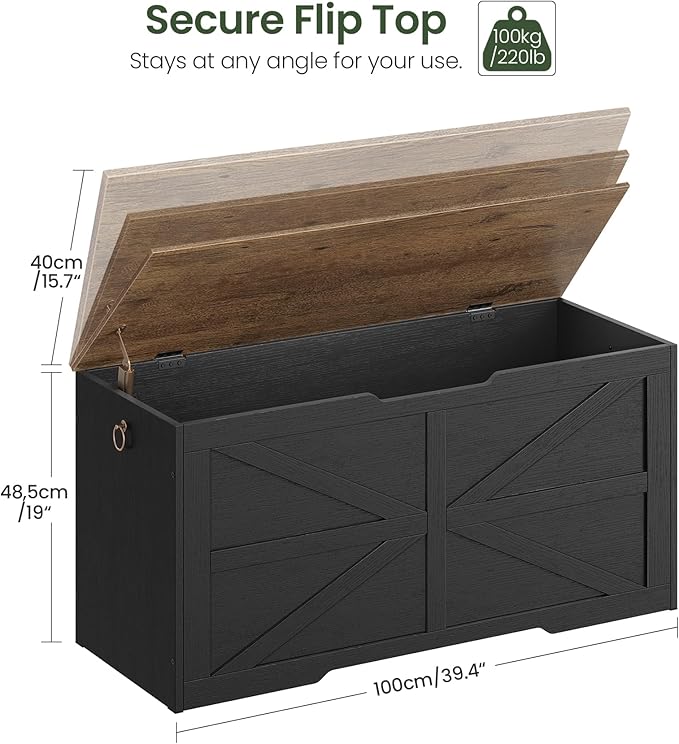 CHOEZON Storage Chest, 39.4" Wooden Storage Trunk, Modern Storage Bench with Safety Hinge, Toy Box, Farmhouse Style, for Bedroom, Living Room, Walnut and Black MCW10BL