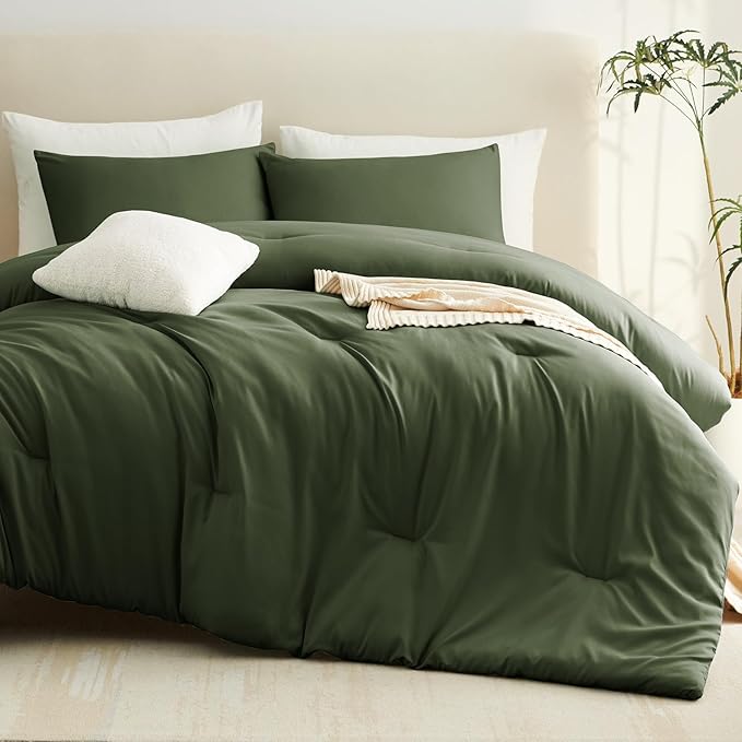 CozyLux California King Comforter Set Olive Green, 3 Pieces Cal King Solid Breathable Bedding Sets for All Seasons, Luxury Soft Lightweight Bed Set with Down Alternative Comforter and 2 Pillowcases
