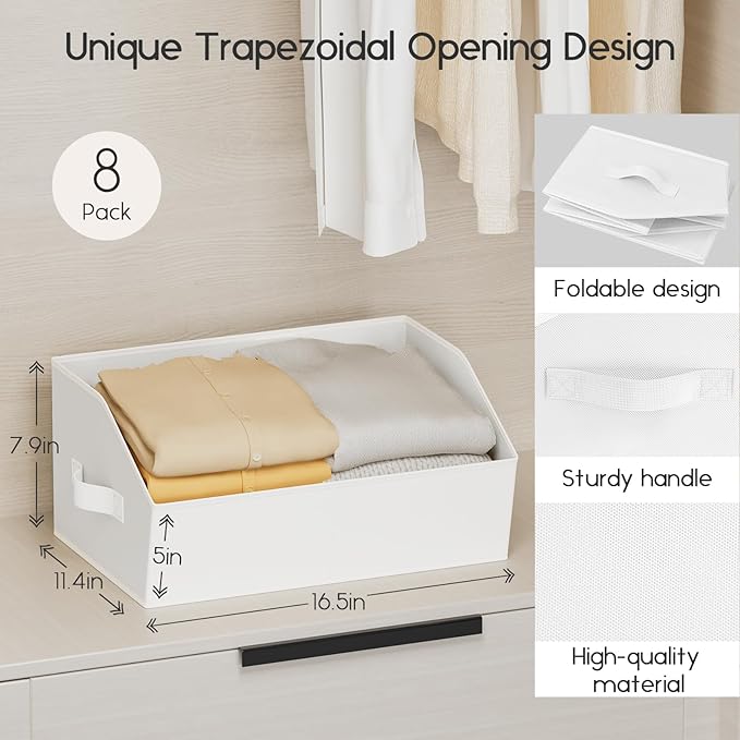Homsorout Large Closet Organizers and Storage Bins - 8 Pack Trapezoid Storage Baskets for Shelves, Foldable Fabric Baskets with Handles Ideal for Closet, Basket, Wardrobe and Shelf Storage, White