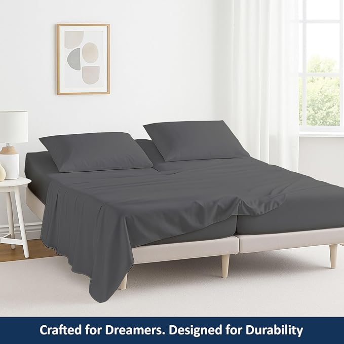 5 Piece Split Queen Sheet Set, 100% Egyptian Cotton, 16 Inch Deep Pockets, Dark Grey Solid, Soft Cooling Sheets for Adjustable Beds, Sleep Number Beds, Split Queen Mattress Sheet Set