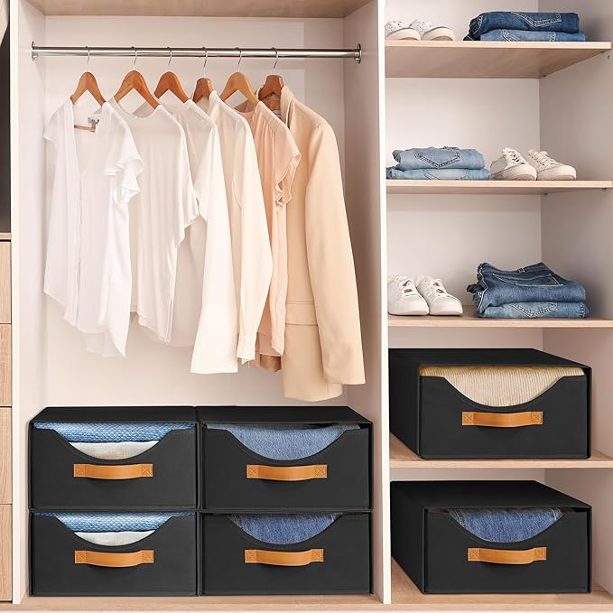 4 Pcs 16.5" Closet Drawers and Large Size Clothes Storage Bins Push-Out Storage Stackable Shelf Drawers with See-Through Window Closet Organizers for Bedroom, Living Room, Under Bed, Black