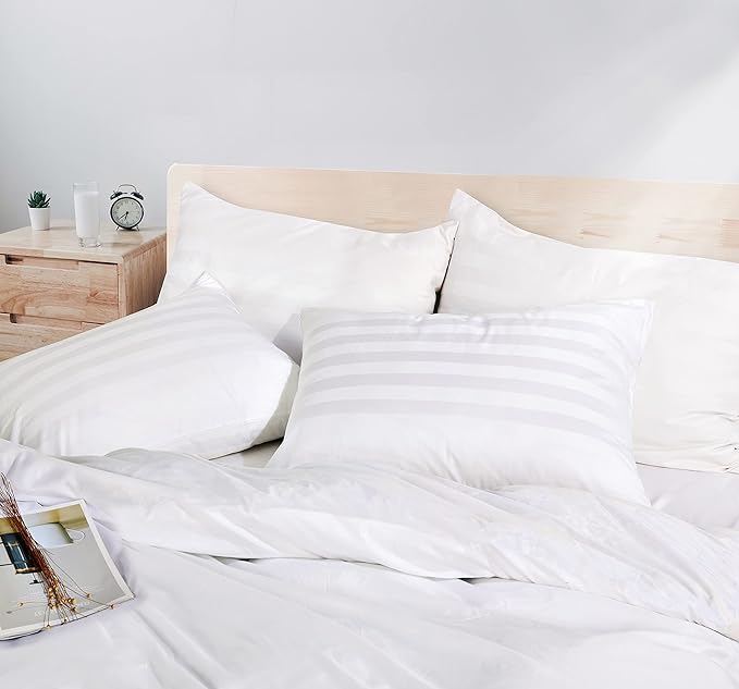 100% Egyptian Cotton King Pillow Protectors Set of 4, 400 Thread Count Sateen Weave White Pillowcase, Easy Care Zippered Style Pillow Covers (4 Pack, Stripe-White, King)