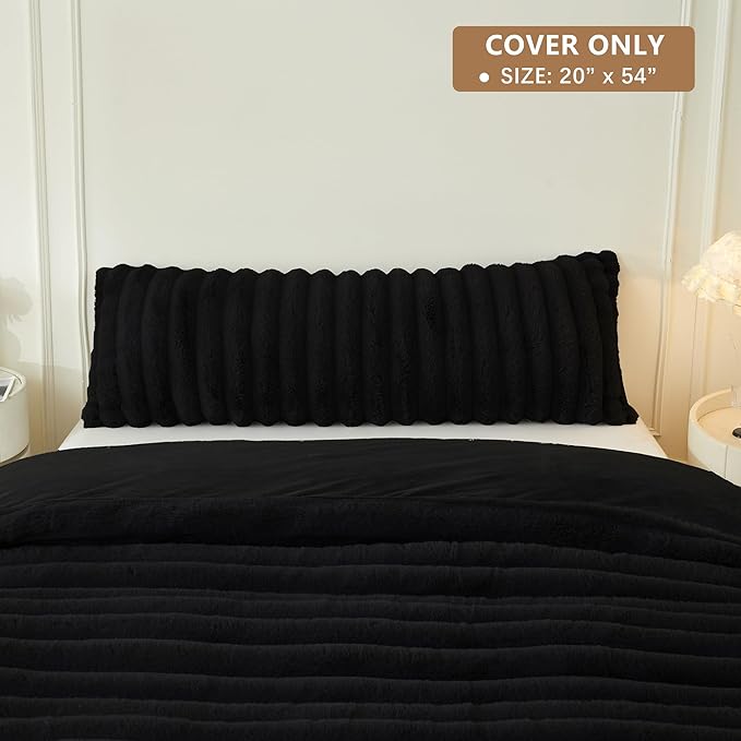 MEGO Fluffy Faux Rabbit Fur Body Pillow Cover, Soft Plush Fuzzy Wide Striped 20x54 Body Pillowcase with Zipper, Home Decorative Shaggy Furry Ribbed Long Pillow Cover for Bed Couch Sofa Bedroom, Black