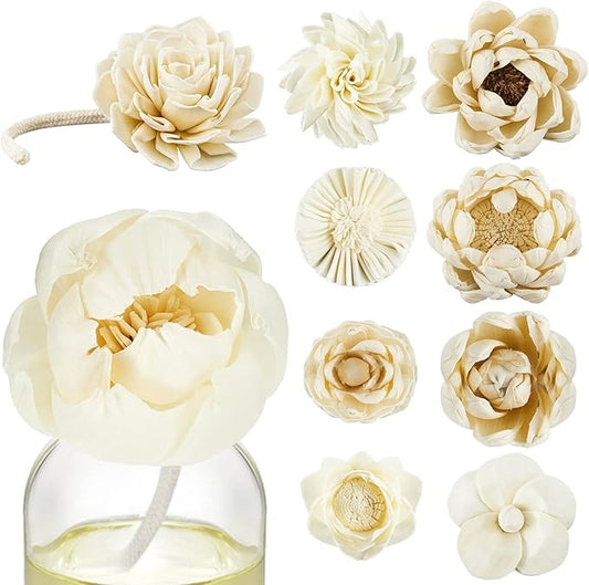 Waydress 15 Pcs Diffuser Mixed Sola Flowers Natural Material Aromatherapy Reed Wood Flowers Decorative Aromatherapy Flower Placement Refill Wood Flower Diffuser with Rope(Various,Cute)