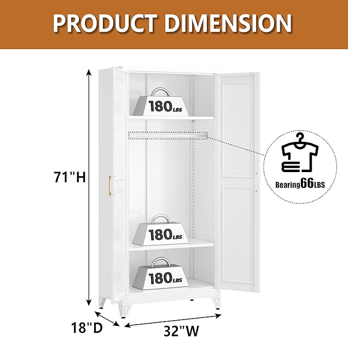 Polup Metal Armoire Wardrobe Closet with Doors and Shelves, 71" Tall Freestanding Wardrobe Cabinet for Hanging Clothes, Large Closet with Hanging Rod for Bedroom, Office, School, Employee, Gym, White