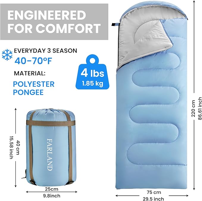 FARLAND Sleeping Bags for Adults, 3 Season Warm & Cool Weather, Lightweight Camping Sleeping Bag for Kids Family Camping Essentials with Compression Sack for Hiking