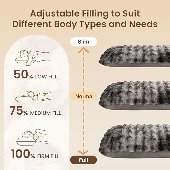 ZonLi Fluffy Body Pillow for Adults, Fuzzy Faux Fur Body Pillow with Shredded Memory Foam, Adjustable Support for Side Sleepers, Pregnancy & Bedding Decor, Gifts, 20 x 54 Inch, Grey