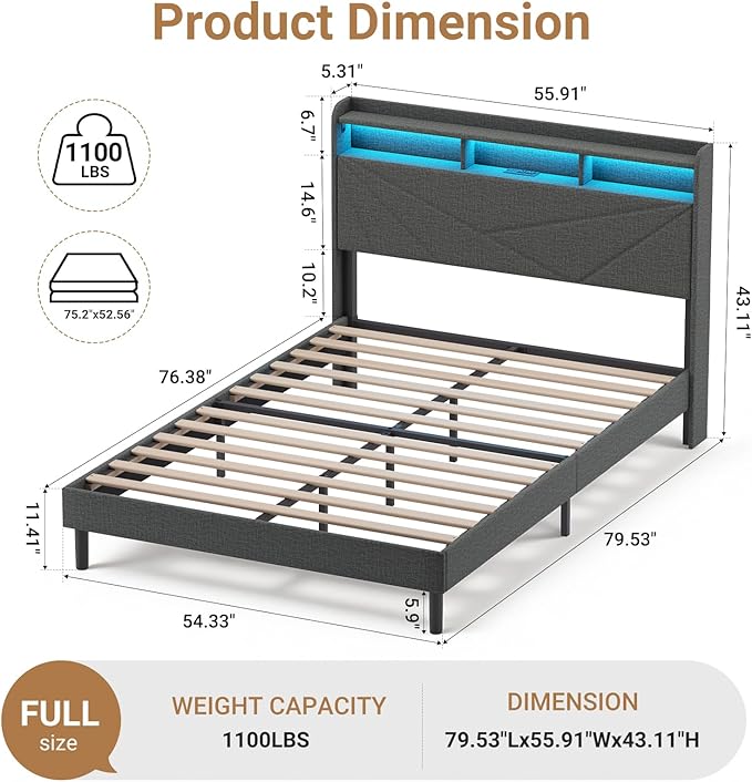 COLAMY Full Size Bed Frame with Charging Station & LED Lights, Upholstered Headboard with 2-Tier Storage, Heavy Duty Metal Platform Bed with Wood Slats, No Box Spring, Noise-Free, Easy Assembly, Grey