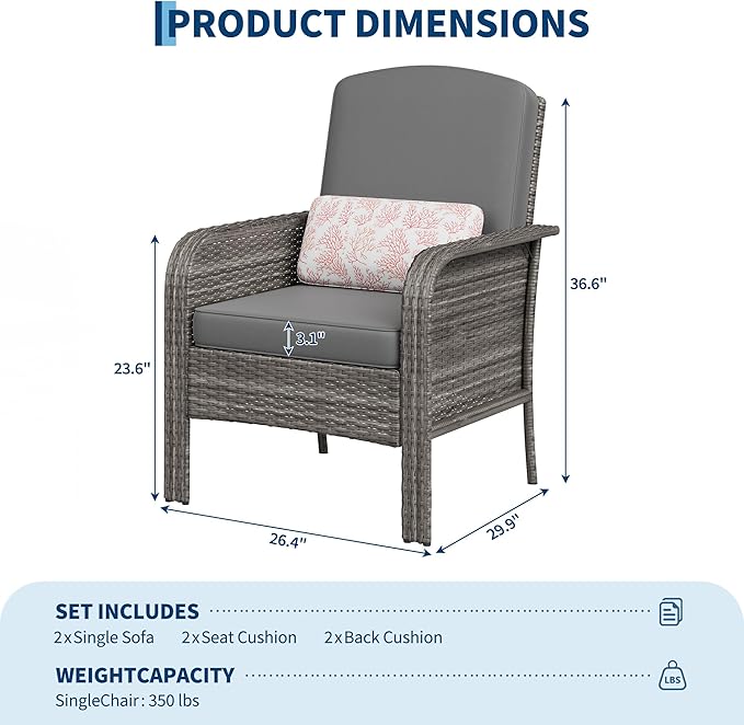 GarveeHome Outdoor Wicker Chairs Set of 2, All-Weather High Back Rattan Patio Furniture, 2-Piece Conversation Set with Comfy Cushions for Porch, Deck, Gray, Blue Cushion