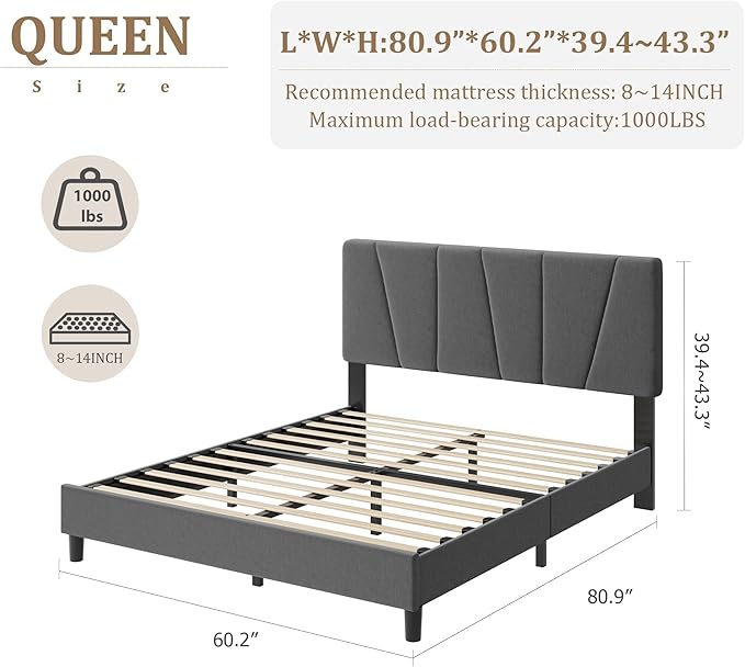 IDEALHOUSE Queen Size Upholstered Bed Frame with Headboard, Heavy Duty Platform Bed Frame, Adjustable Headboard, Noise-Free, No Box Spring Needed, Easy Assembly