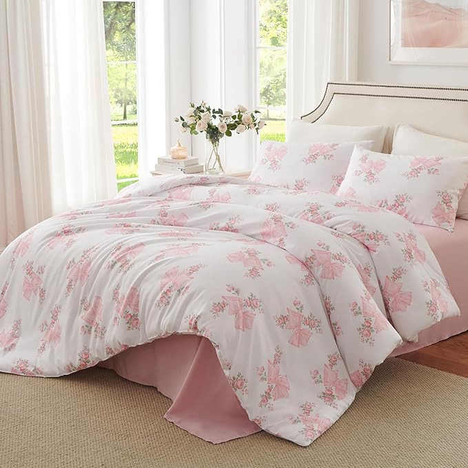 Nayoroom Pink Bow Duvet Cover Full Size Coquette Pink Floral Duvet Cover 3 Pieces Soft Lightweight Microfiber Girls Cute Aesthetic Dorm Bedding Set