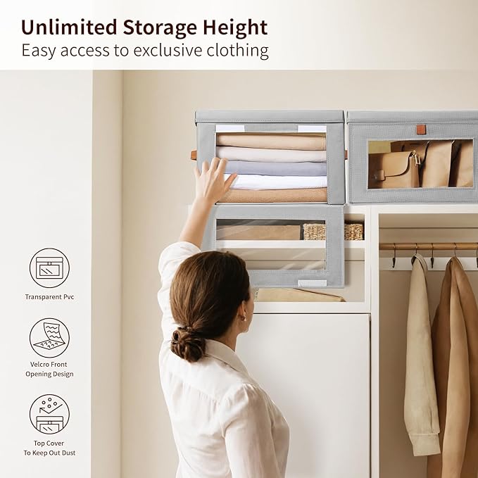 Homsorout Small Fabric Storage bins - Collapsible Storage Bins with Open Window, 2 Pack Closet Baskets for Shelves, Stackable Decorative Boxes for Home, Dorm, Grey, 13.7"x 9.8" x 9.8"