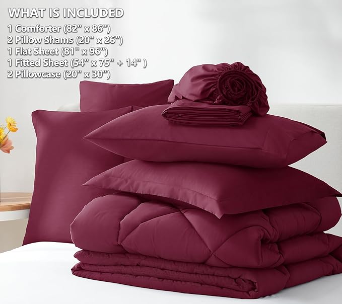 CozyLux Full Size Comforter Sets Burgundy - 7 Pieces Bed in a Bag Full, Luxury Soft Bed Set for All Seasons, Bedding Set with Down Alternative Comforter, Sheets, Pillowcases & Shams, Red