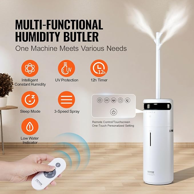 VEVOR Humidifier for Home Large Room 1291.7 sq ft, 16L Commercial Humidifier for Whole House Greenhouse Night Light & 12h Timer & Auto Shut-Off Humidifiers, Commercial Branch Tube w/ 360° Nozzle