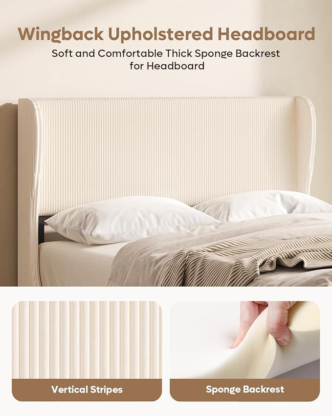 Bestier Full Bed Frame with Wingback Headboard,Upholstered Platform Full Size Bed with Strong Wooden Slats,No Box Spring Needed,Never Squeaks,Easy Assembly,Beige