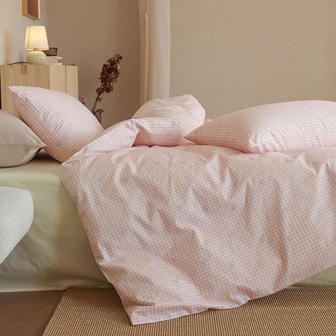mixinni Gingham Duvet Cover King Size, 100% Cotton Light Pink and White Gingham Bedding Set for Girls, Cute Bow Print Soft Aesthetic Cottagecore Bedding 3 Pieces (1 Duvet Cover + 2 Pillowcases)