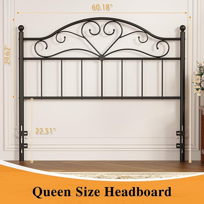 Merronix Vintage Headboard for Queen Size Bed Frame, Metal Headboard Only Queen Size Freestanding Headboard with Universal Adapters, Height Adjustable, Easy Assembly, Black