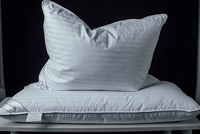 Goose Feather Blend with Polyester Bed Pillows 100% Cotton, Medium Firm Soft Support Standard Pack of 2 Stripe White