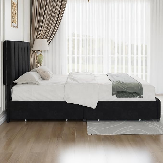 VECELO Full Size Bed Frame with 4 Storage Drawers, Adjustable Height Headboard, Heavy-Duty Platform Bedframe with Strong Wooden Slats, No Box Spring Needed, Black