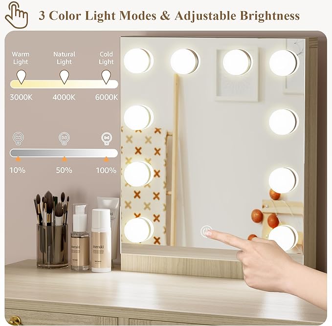 BOLUO Makeup Vanity Desk with Hollywood Mirror and Lights, Boho Girls Vanity Set with Stool, Make Up Dressing Table with Drawers and Outlet for Bedroom