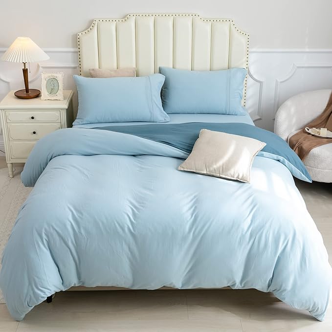 PURE ERA Jersey Knit Duvet Cover Set 100% T-Shirt Cotton Super Soft Comfy 3pc Bedding Set with Zipper Closure (Solid Cerulean Blue/Light Blue, Queen)