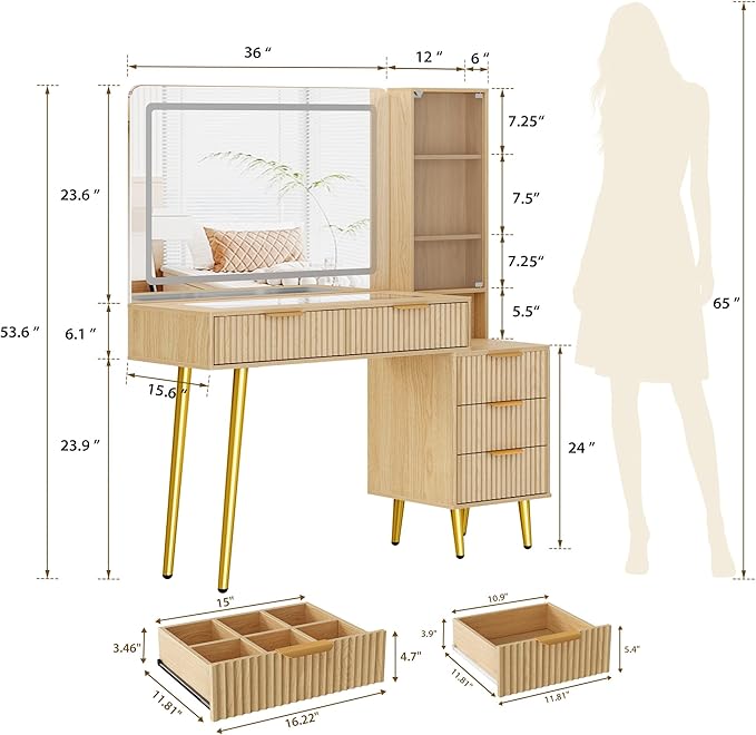 Garvee 48" Fluted Makeup Vanity Desk with Mirror and Lights, Glass Top Vanity Table with 5 Drawers, Open Shelf and Power Outlet, Modern Dressing Table for Bedroom and Living Room