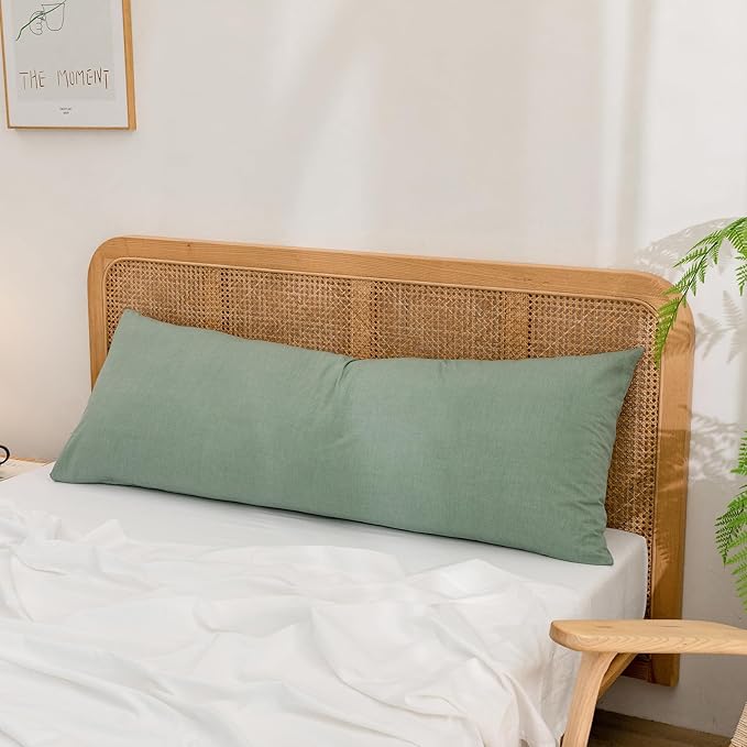 BESTOUCH 100% Washed Cotton Pillowcase for Hair and Skin Linen Feel Soft Comfortable Breathable 1 Pcs Pillow Case with Envelope Closure Solid Green Body 20x54 Inches