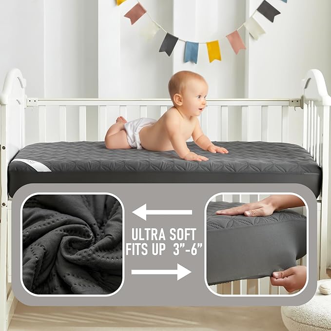 BEDLORE Waterproof Mattress Protector Crib, 2 Pack Soft Gray Mattress Pad, Noiseless Machine Washable Mattress Cover, Ultimate Protection for Your Baby's Crib Toddler Bed (52''x28'')