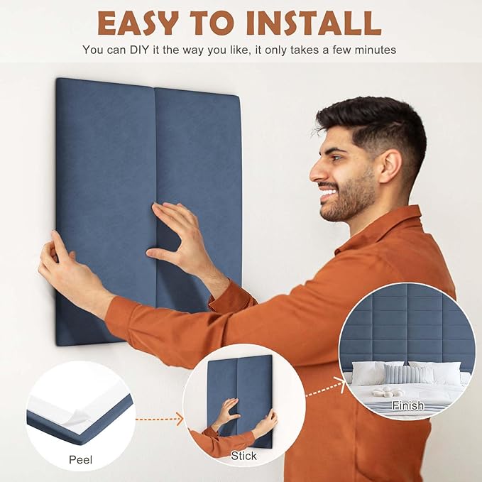 IFNOW Wall Mounted Upholstered Headboard King, 3D Peel and Stick Soundproof Panels, Reusable and Removable Padded Leather Bed Headboard, 12 Panels 9.84" x 23.62", Navy Blue