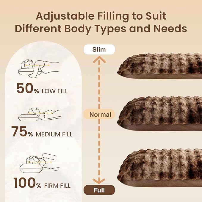 ZonLi Fluffy Body Pillow for Adults, Fuzzy Faux Fur Body Pillow with Shredded Memory Foam, Adjustable Support for Side Sleepers, Pregnancy & Decor, Gifts，20x54 Inch, Brown