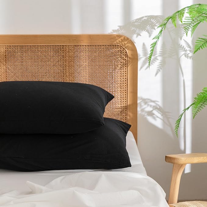 BESTOUCH 100% Washed Cotton Pillowcase for Hair and Skin Linen Feel Soft Comfortable Breathable 2 Set Pillow Case with Envelope Closure Solid Deep Dark Black Standard 20x26 Inches