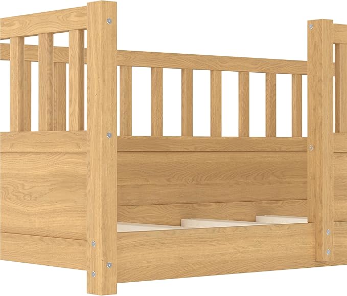 Bellemave Twin Size Floor Bed with High Fence, Wood Montessori Bed with Slats and Guardrails, Montessori Floor Beds Frame for Kids, Girls, Boys, Natural