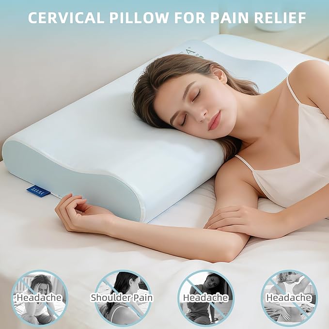 Cervical Neck Pillow for Neck Pain Relief, Neck Support Pillows for Sleeping, Contour Memory Foam Pillow with Cooling Pillowcase, Orthopedic Pillow for Side Back Stomach Sleeper, Medium Soft