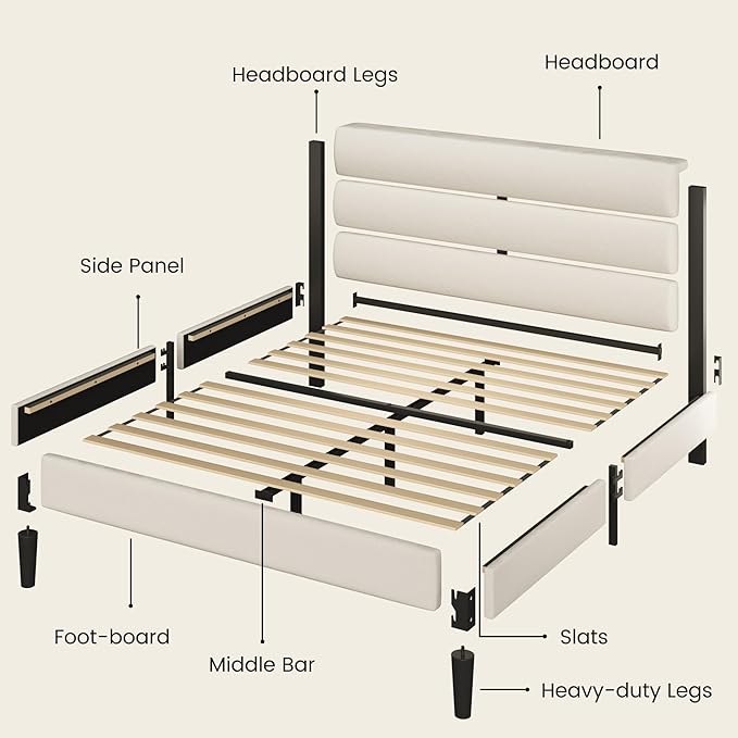 Fluest Queen Bed Frame, Platform Bed Frame with Velvet Upholstered Headboard, No Box Spring Needed, Sturdy Metal Support, Noise Free, Easy Assembly, Modern Bedroom Furniture, Beige