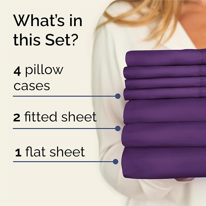 Split King 7 Piece Sheet Set - Comfy, Breathable & Cooling - Soft Hotel Luxury Bedding for Women, Men, Kids, Teens and Children - 1 Flat & 2 Fitted Sheets & 4 Pillowcases with Deep Pockets - Purple